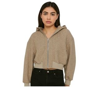 Zara small‎ cropped Tan Zip-Up Hoodie